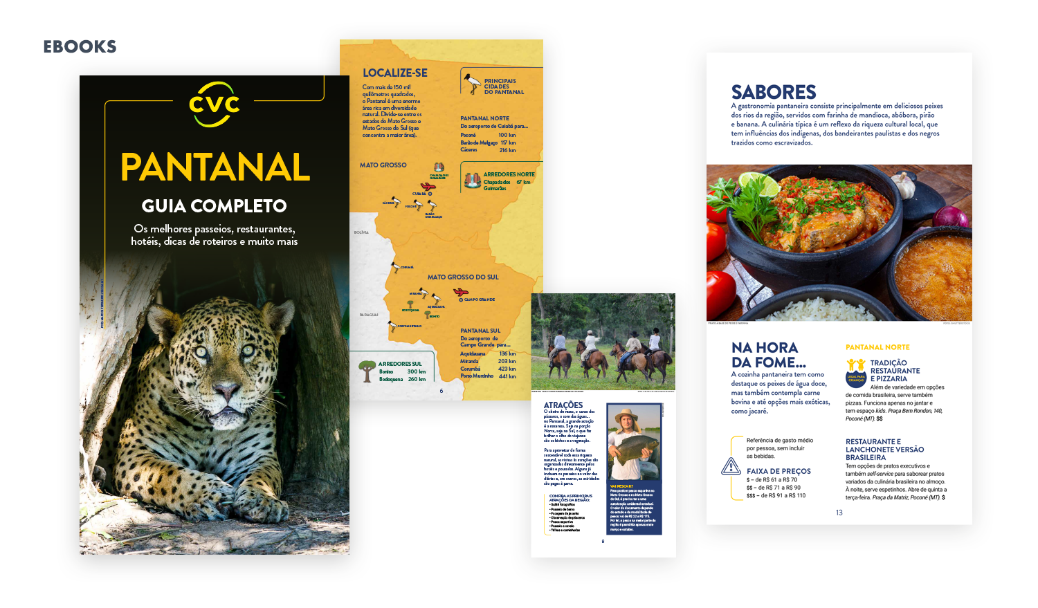 Capa e exemplos de páginas internas do e-book sobre Pantanal feito pela PiU para a CVC